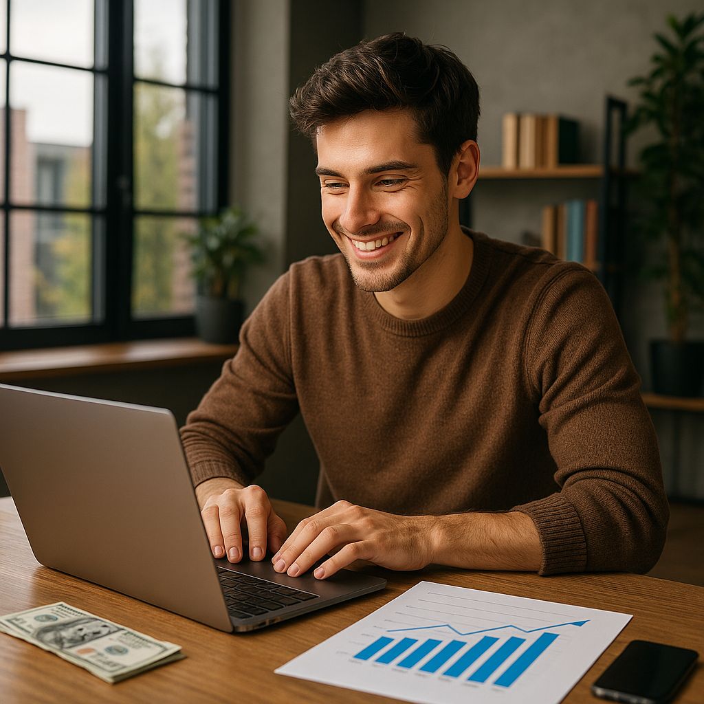 Revenda IPTV Person working on laptop with charts.