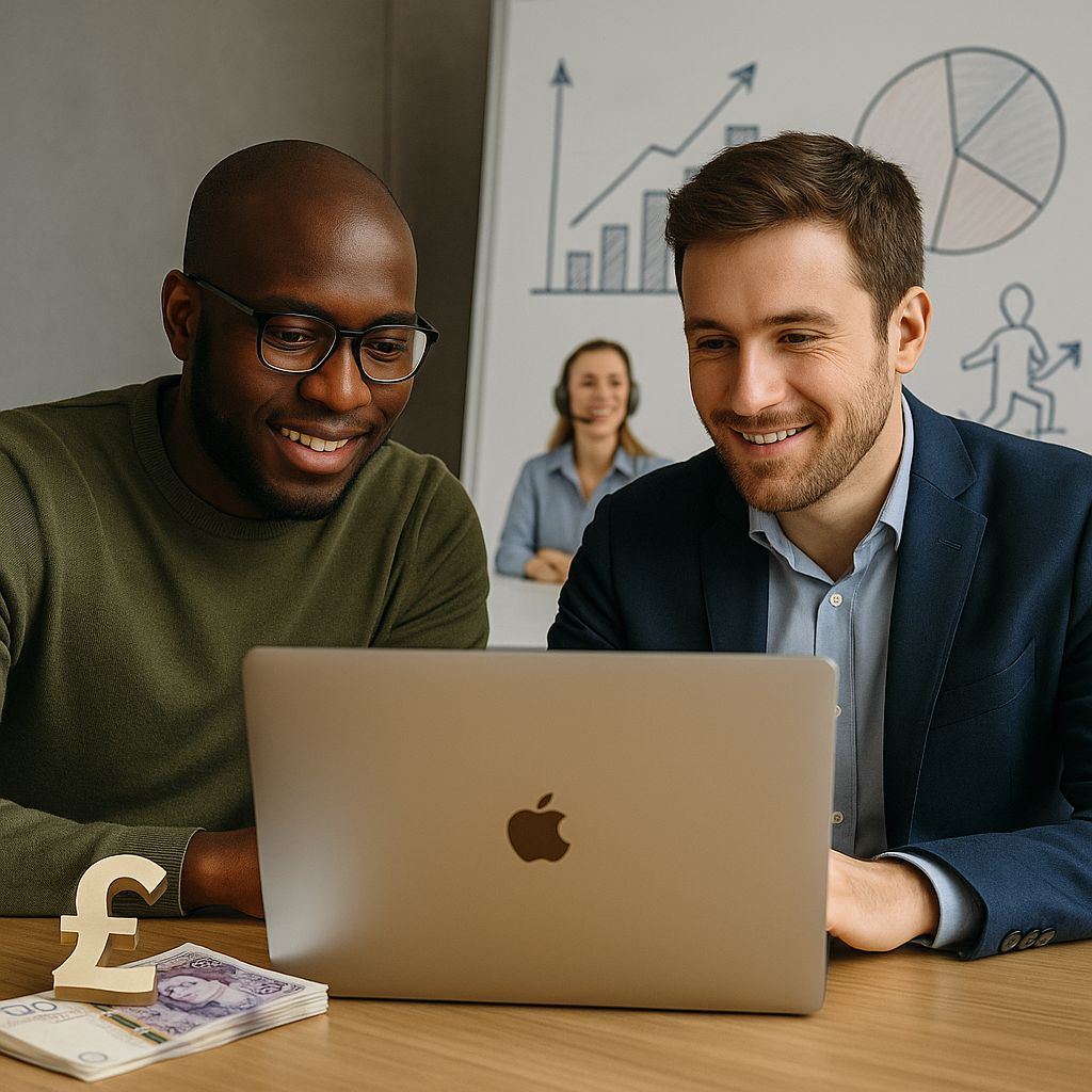 Revenda IPTV People discussing financial data on laptop.